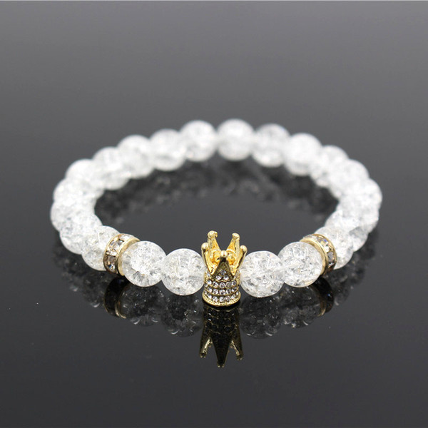 Micro Pave White CZ Gold Color King Crown Charm Bracelet Men Dull Polish White Popcorn Stone Bead Bracelet Jewelry For Women