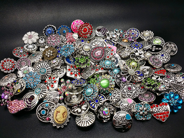 wholesale assorted 100pcs antique silver 18mm ginger Snap charms DIY Buttons with CZ Rhinestone brand new mix designs