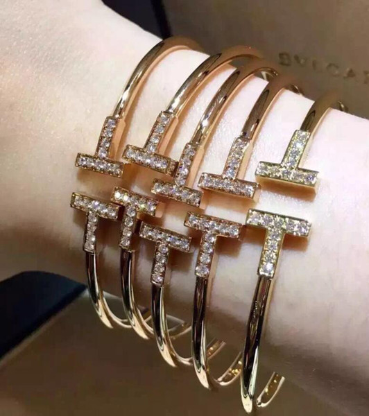 2016 Cubic Zirconia two-letter T Shape Bangles Design Copper 18K Gold Plated Cuff Bracelet Bangle Cufflink Send Women valentine's day gift