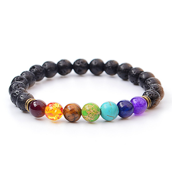 2017 Volcano bracelet Fashion Wholesale Natural lava volcano, tiger eye, laips, amethyst stone with seven color stone Beaded Bracelet bangle