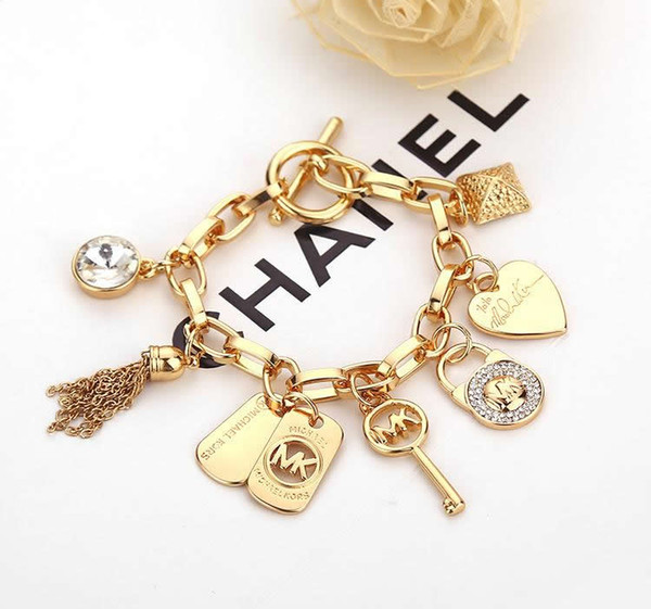 Luxury Bracelets With Love Heart Gem 925 Sterling Silver Gold Plated Pendants Charm Bracelets Bangle Jewelry For Women B029