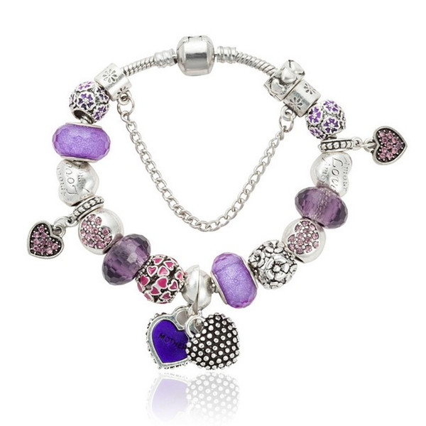 Fashion Pandora Style Charm Bracelets 925 Sterling Silver Purple Crystal European Charm Beads Fits Bracelets Love Heart Bangles DIY Jewelry