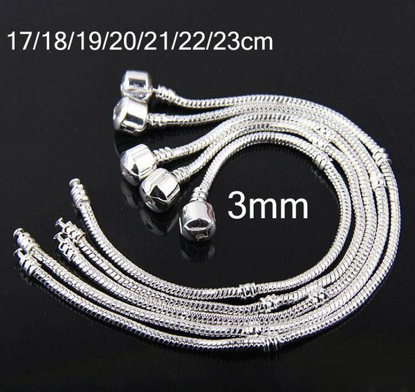 17-23CM Mix size 925 Sterling Silver Bracelet European Style Bead Fit 3mm Snake Chains Bracelet Unisex Bracelets