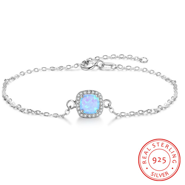 NEW Sterling Silver Bracelets Square Opal Pendant Bangles Adjustable Round Bead Chain Bracelet Jewelry For Women Mother'S Day Gift