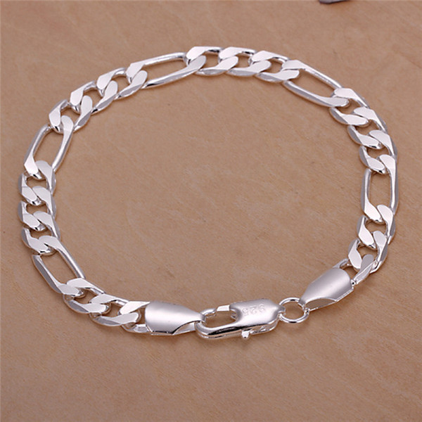 High quality 925 sterling silver plated Figaro chain bracelet 8MMX20CM cool design fashion Men's Jewelry Free Shipping