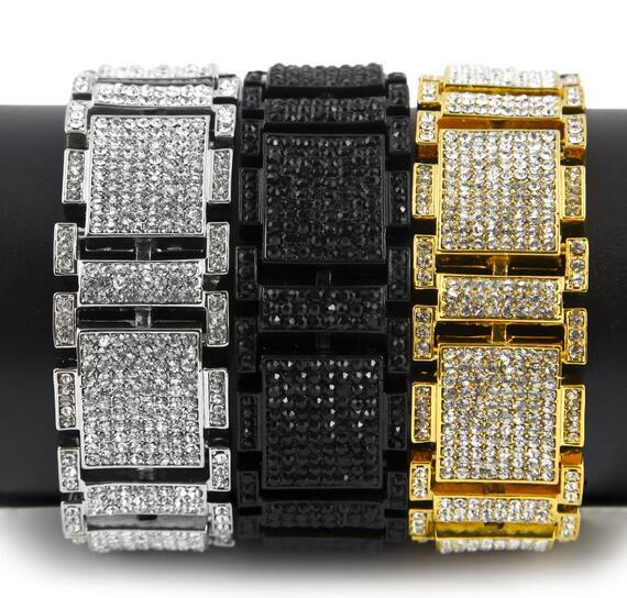 Mens Bling Gold Plated Rectangle Link Iced Out Clear Cz Stones Hip Hop Bracelet