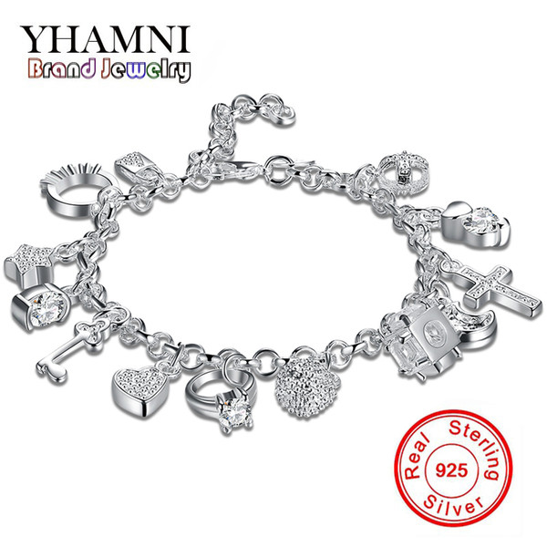 YHAMNI Brand Unique Design 925 Silver Bracelet Fashion Jewelry Charm Bracelet 13 Pendants Bracelets Bangles For Women H144