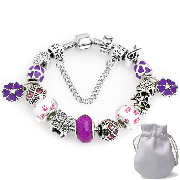 Luxury Women Charms Bracelets Fit Pandora Lampwork Murano Glass Crystal Beads Silver Openwork Stamped Beaded Bangle Petal Pendant P144