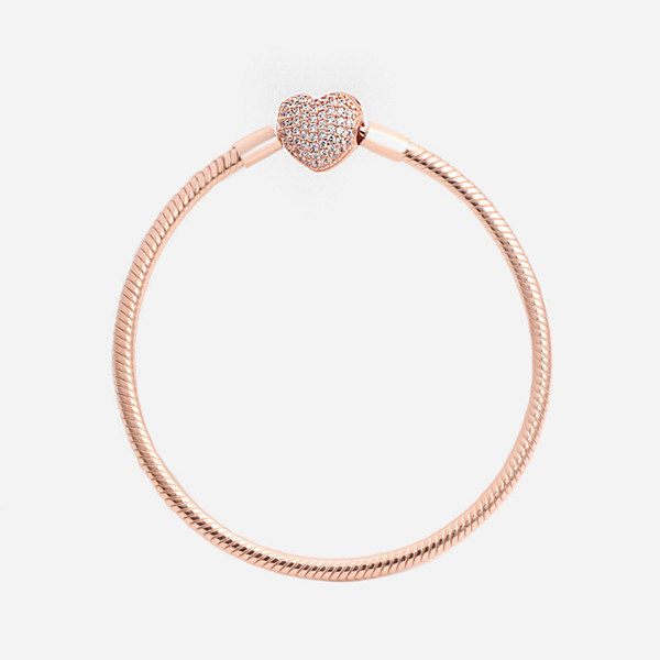 Authentic Luxury Fashion 18K Rose gold CZ diamond Heart Bracelets Original box for Pandora 925 Silver Smooth Snake Chain Bracelet