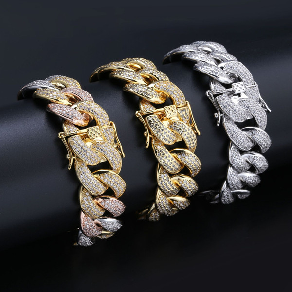 Three-color hip-hop men's Bracelet Full zircon Cuban chain Hip hop accessories Hot Free shipping