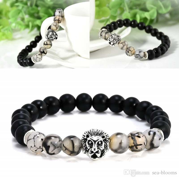 Free DHL Natural Black Stone Matte Onxy Bead Bracelet Silver Lion Head Buddhist Buddha Meditation Unisex Bracelets Jewelry G105S