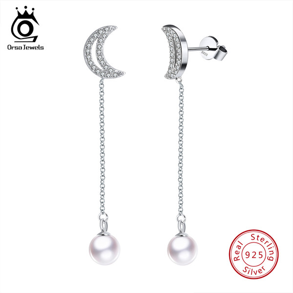 ORSA JEWELS 100% Real Sterling Silver Women Earrings Long Dangle Earring Cultured Pearl With Moon Chain Line Female Jewelry SE61