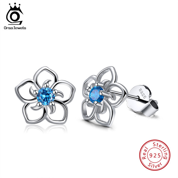 ORSA JEWELS 100% 925 Sterling Silver Female Stud Earrings Clear/Red/Blue/Purple AAA Cubic Zircon Available Fashion Jewelry SE71