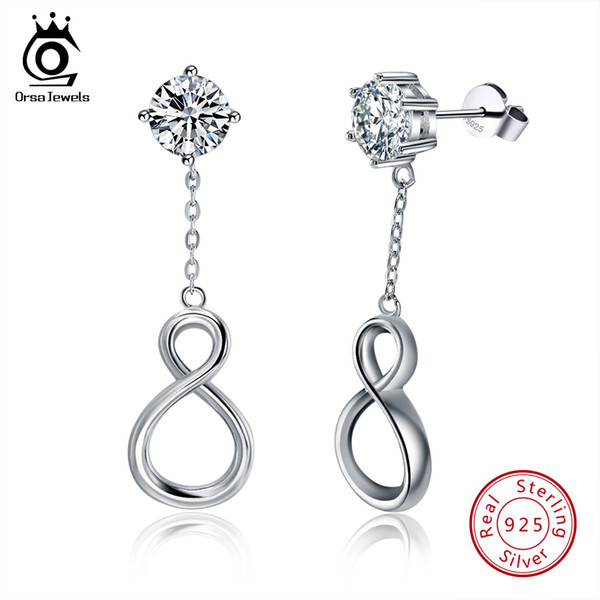 ORSA JEWELS Pure 925 Sterling Silver Earrings Women Drop Long Infinity Fashion Trendy Female Party Jewelry Christmas Gifts SE56