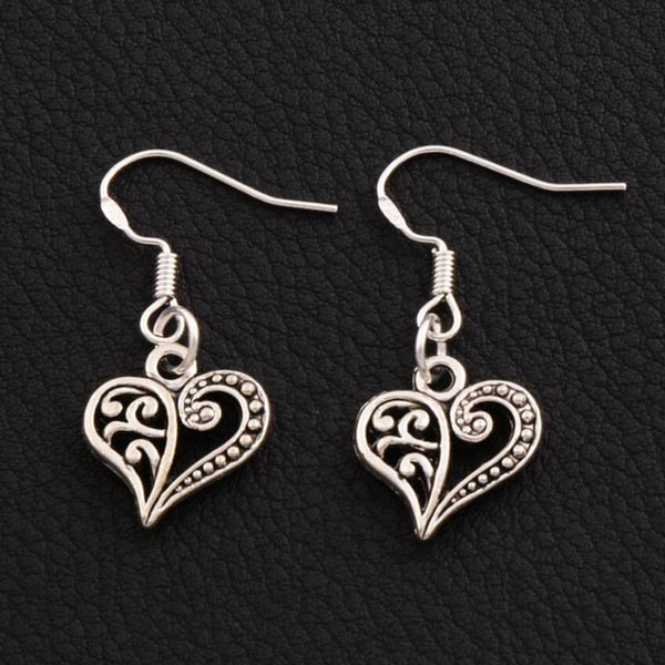 Half Flower Heart Earrings 925 Silver Fish Ear Hook 40pairs/lot Tibetan Silver Chandelier E919 13.2x31.5mm