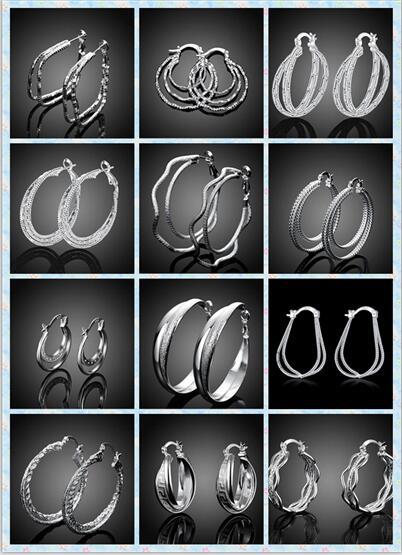 mix 12 style 12pairs/lot high-quality plating 925 sterling silver Double circle Ear hoop earrings fashion gifts hyperbole big Ear ring