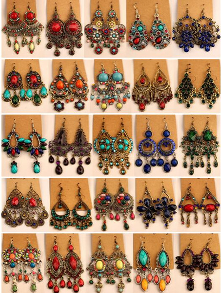 2018 hot sales Vintage Tibetan Silver/Bronze Resin Gem diamond earrings Bohemia style jewelry mixed 25 style 25Pairs/lot