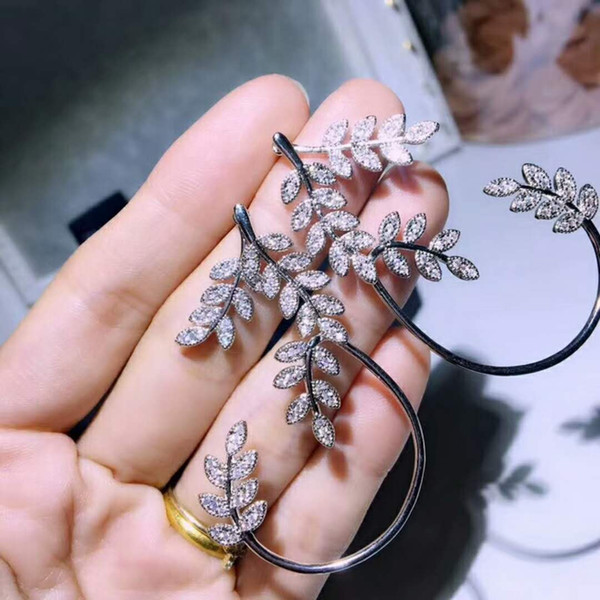 Large Big Leaft Curve Pendant Cute Lovely Cool Earring Shinning Cubic Stone Young Lady Needle Silver