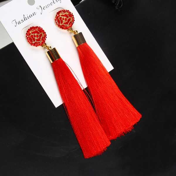 Red Tassel Earrings With Rose Flower Charm Stud Earrings Gold Color Bohemian Long Dangle Earrings For Women