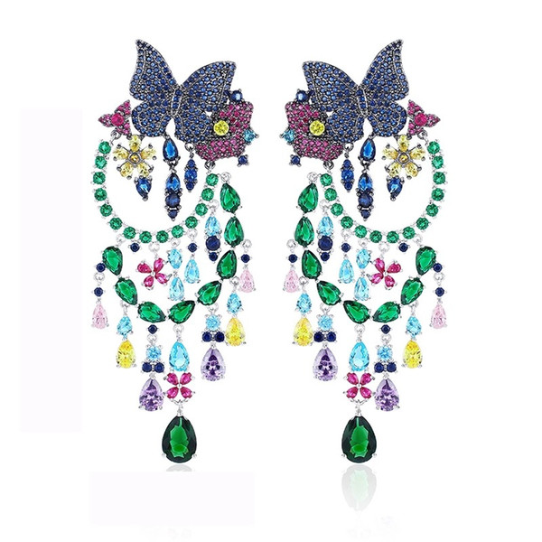 925 sterling Silver Needle Euro-American Wind Heavy Industries Luxurious Exaggeration Butterfly Super-shining Zircon Earrings, Tassels and C