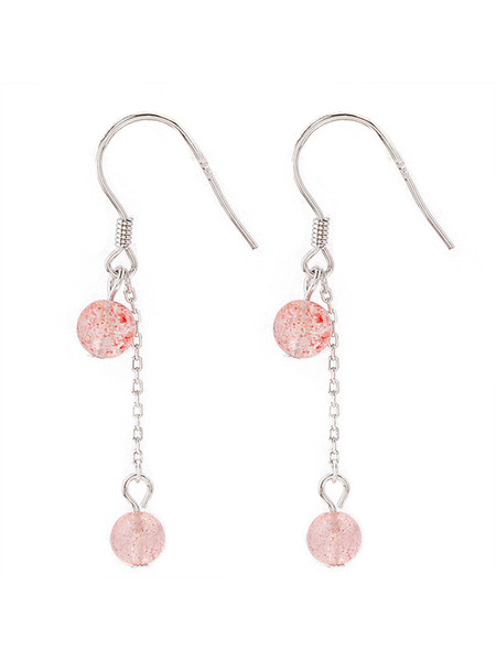 All Body 925 Pure Silver Natural Strawberry Crystal Tassel Earrings Korean Version of Sweet Temperament Simple Forest Students Ear Hook