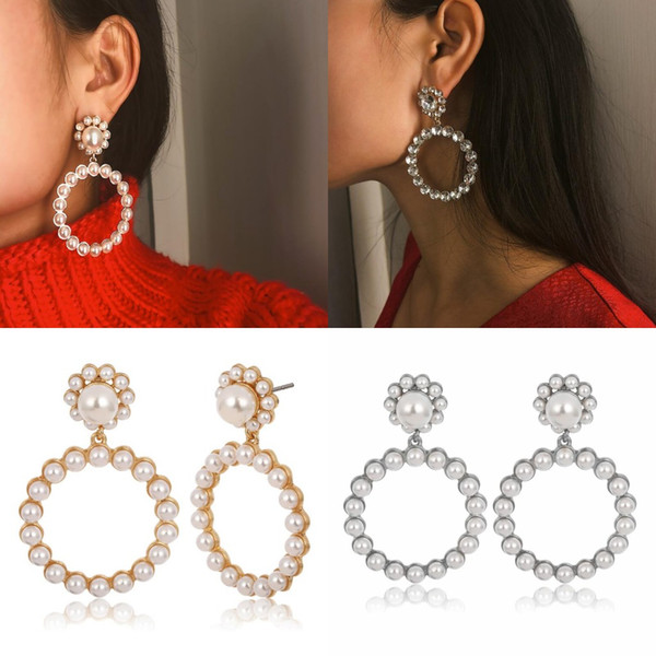 Korean Fashion Big Round Freshwater Pearl Earrings Women Big Hook Geometric Drop Dangle Earring Fashion Jewelry Gifts