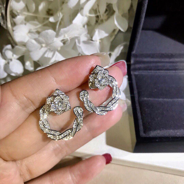 Luxury Classic Designer S925 Sterling Silver Full Crystal Rose Flower Hollow Round Charm Loop Earrings For Women Jewelry