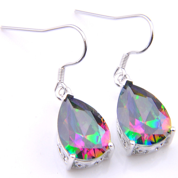 LuckyShine 3 Pairs / Lot Thanksgiving Gift Water Drop Fire Rainbow Mystic Topaz Gemstone 925 Sterling Silver Wedding Earrings Free Shipping