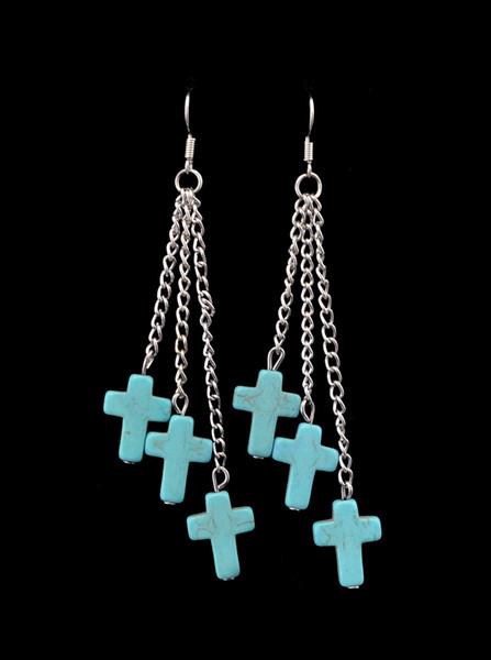 Bohemian Ethnic Blue Turquoise Earring Vintage Long Cross Earrings for Women