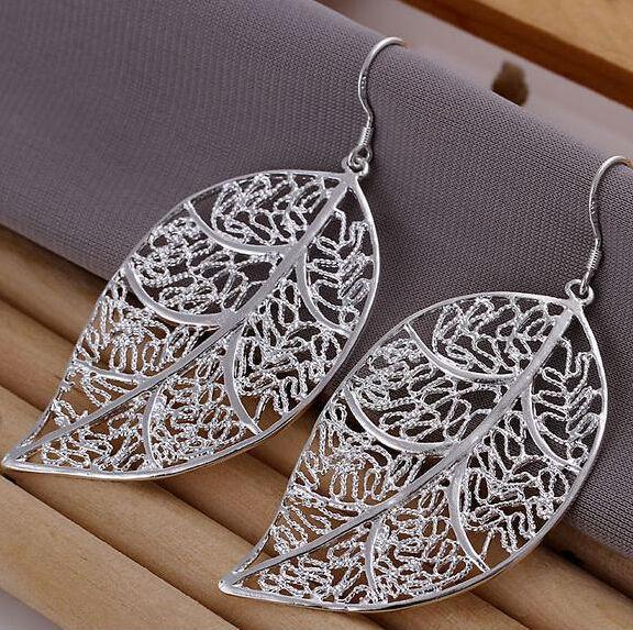 Hollow leaf 925 sterling silver female fashion big earings Jewelry crystal Drop earrings trendy women earrings Free shipping