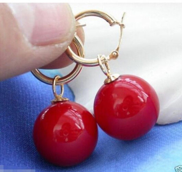 14MM 14KGP Tahitian Coral Red South Sea Shell Pearl Earring AAA