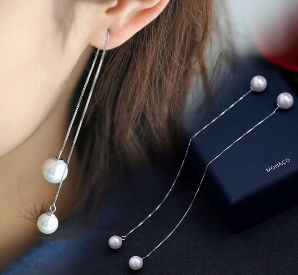 2019 New Fashion woman Platinum plating 8mm&10mm Pearl Ear line Tremella Earrings delicate eardrop Retail wholesale