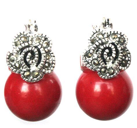 Lady 12mm Red Coral Marcasite Flower and 925 Silver Earrings Earrings