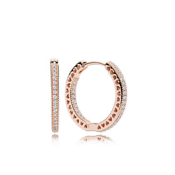 100% 925 Silver 18K Rose Gold Plated Hoop Earring with Clear CZ stone Original box for Pandora Jewelry Women's Christmas Gift