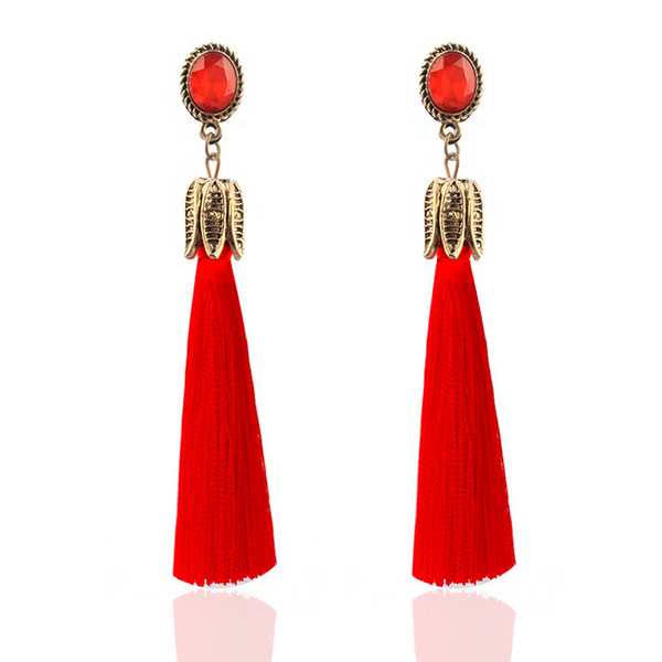 Red Blue Stone Tassel Long Chain Hanging Earrings Stud for Women Jewelry