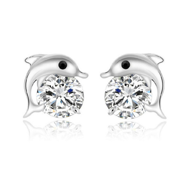 Natural Austrian Rhinestone Crystal Dolphin s925 Sterling silver Stud Earrings Classic Swarovski Elements Fashion Class Women Girls Gift