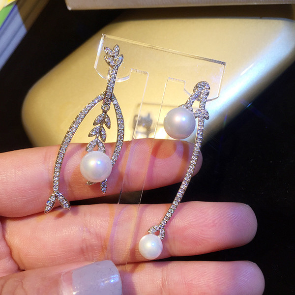 USA seller silver asymmetric crystal diamond petals bud earrings pearl long earrings + box