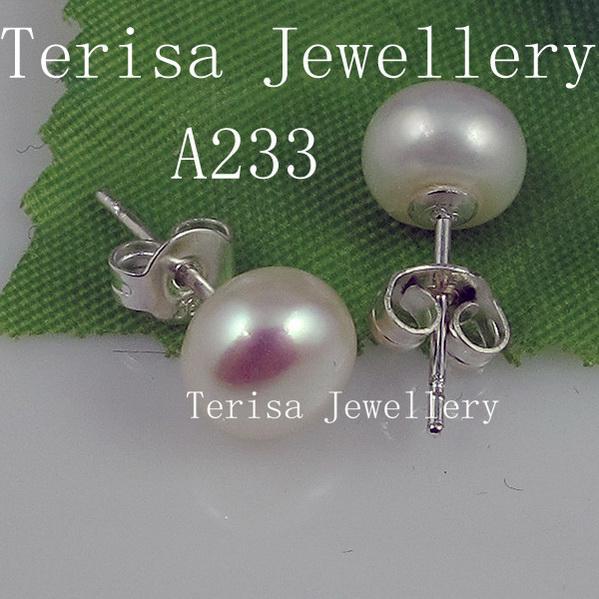 free shipping wholesale AA size:8-9mm white color fresh water pearl earring silver stud earring A233
