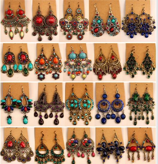 2018 New fashion Vintage Tibetan Silver/Bronze Resin Gem diamond earrings Bohemia style jewelry mixed Order Multi styles