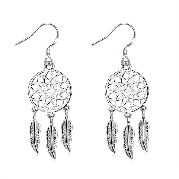 Fashion women dream catcher dangle earrings silver plated hollow out circle dreamcatcher pendant feather tassel earrings