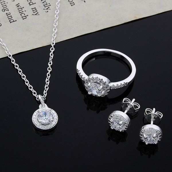 2015 new design 925 Sterling Silver CZ Diamond Necklace & Ring & Earrings Set Fashion Jewelry wedding gift for woman free shipping