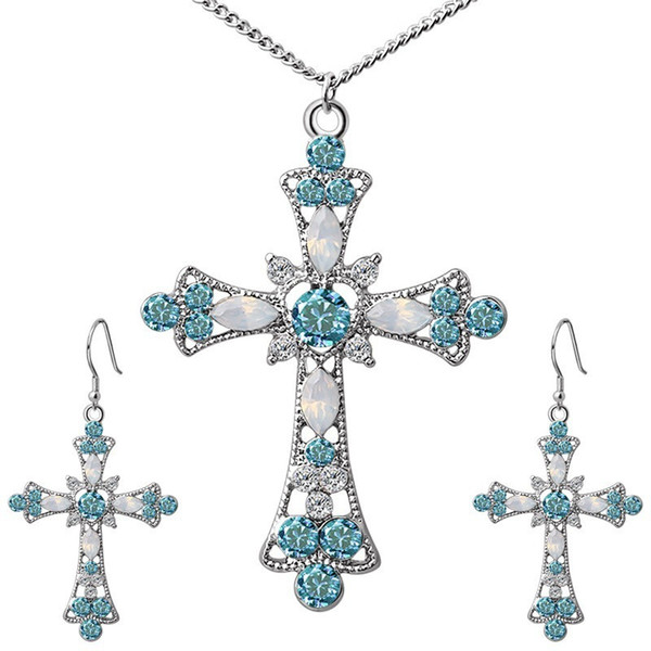 Zircon Cross Necklace Earrings Jewelry Sets For Women Ancient Rose Gold Silver Gold Color Inlaid Crystal Jewelry Sets ZN