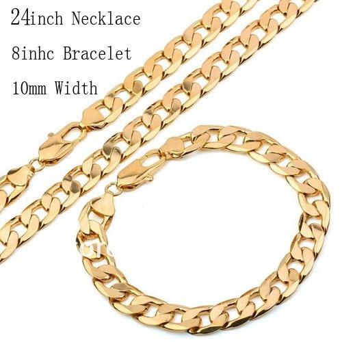 Hot Sale 10MM Width 24 inch 8 inch Chain Necklace Bracelet Sets Men Fashion 18k Gold Plated Jewelry Sets Hight Quality