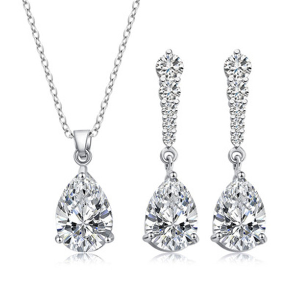 2Pcs Set Water Drop Cut CZ Zircon Crystal Necklace Stud Earrings Bridal Wedding Jewelry Accessories Lady Gifts Wedding Jewelry Set