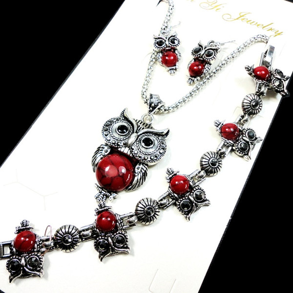 Fashion Jewelry lot Hot major Vintage Antique Silver Red Owl Jewelry Set Necklace Pendant Earring For Women Jewelry Sets LR112