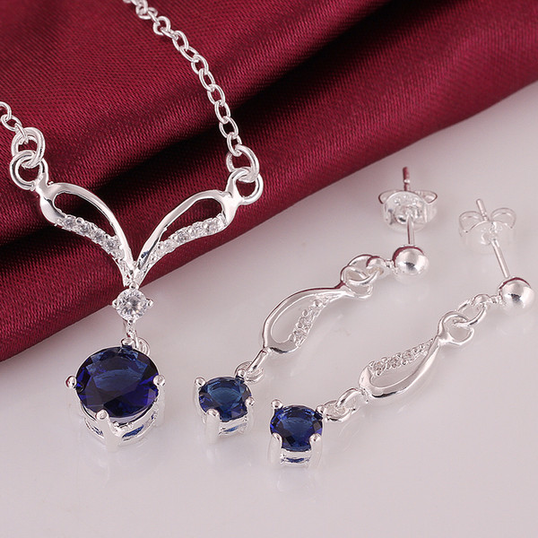 High Quality 925 Sterling Silver Blue Zircon Jewelry AAA Crystal Stone Necklace+Earrings Jewelry set