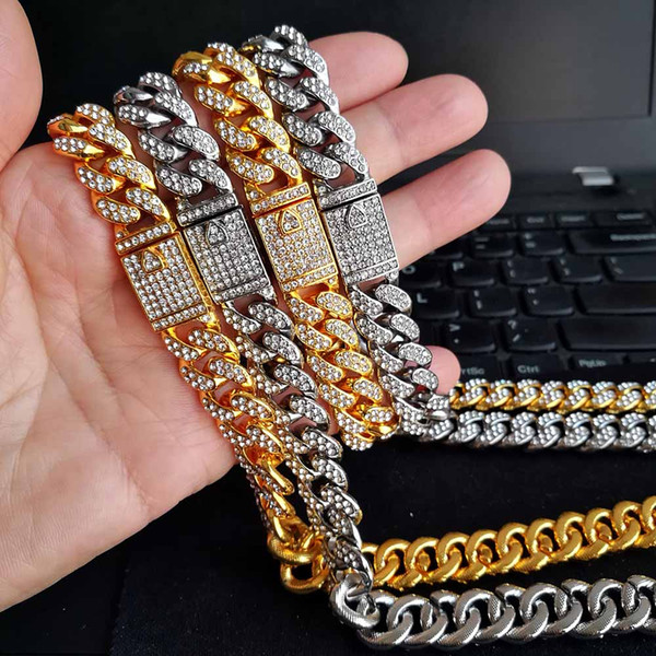 Newsest Style Hip Hop Jewelry Sets 18K Gold Plated Rhinestone Necklace Bracelet MIAMI CUBAN CHAIN Bling Bling Iced Out Magnet Clasp