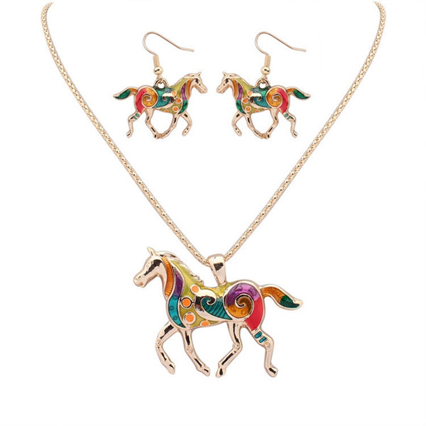 Newest Rainbow Horse Jewelry Set Silver Gold 20 Inch Necklace + 3*2.7 Earrings 2pcs/Set Horse Earrings & Necklace For Women