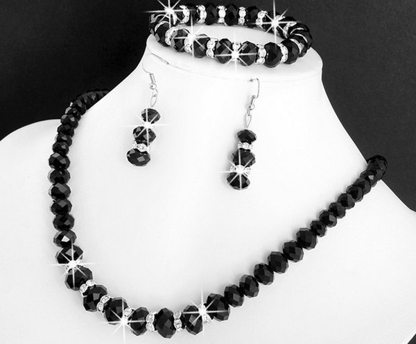 Free Shipping Wholesale 1 set of black glass beads necklace bracelet earrings suit, fashion jewelry set