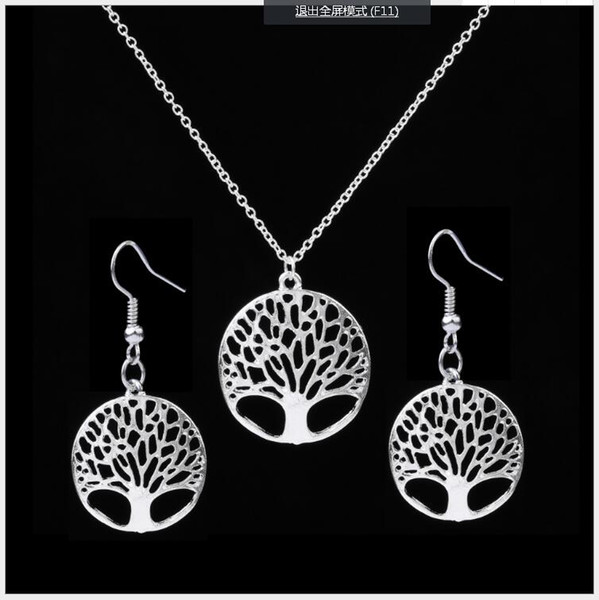 Fashion Women Tree Life Disk Pendant Necklace and Earrings Jewelry Set Sterling Silver Plated free shipping